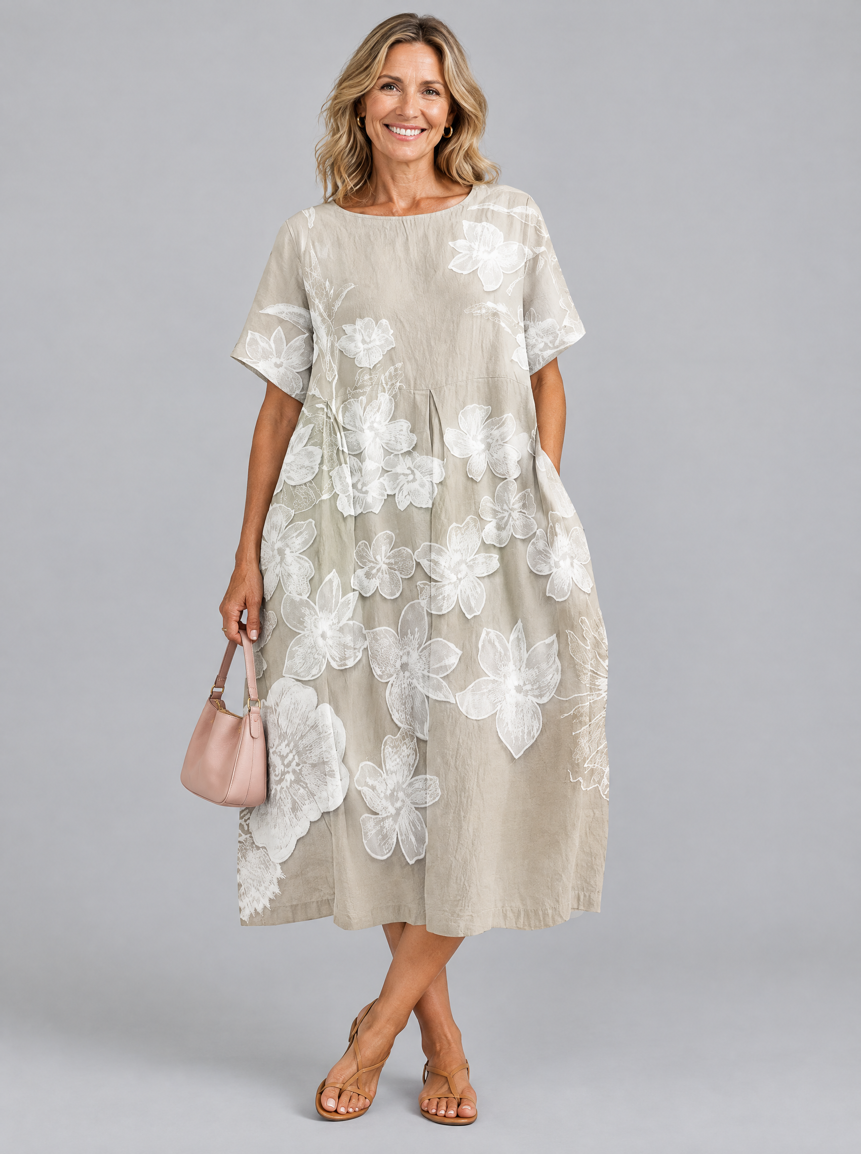Aurora midi dress in khaki with soft white floral print, front view