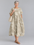 Olivia midi dress in khaki with cream lace look floral print, front view