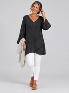 Ella pinstripe tunic top in black, front view