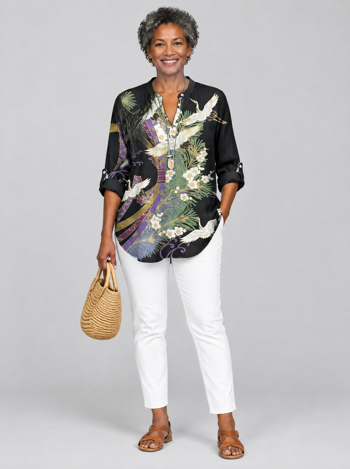 Penelope printed shirt in black with crane and blossom print, front view