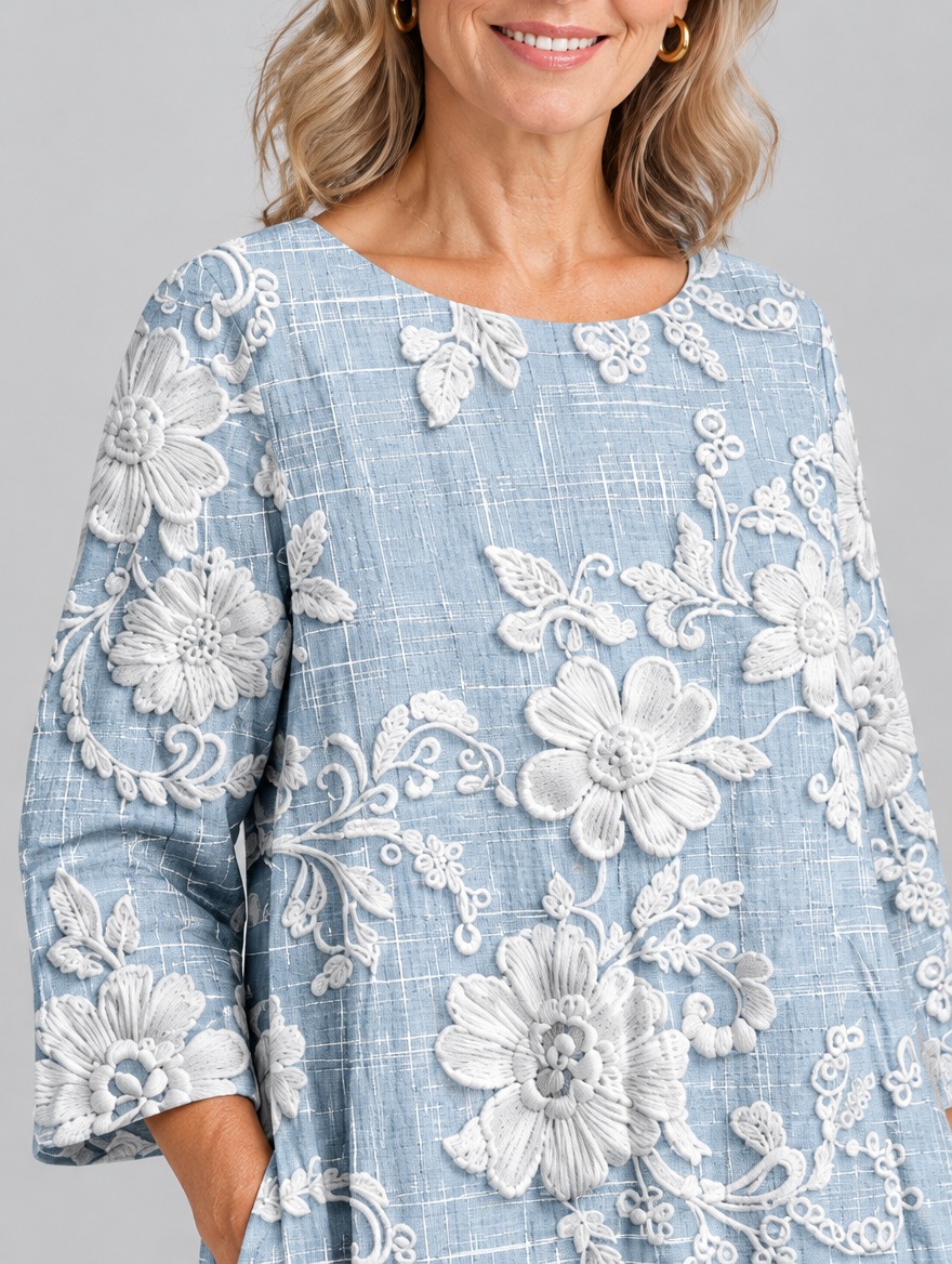Avery printed maxi dress in blue with raised white floral print, close up of print and neckline