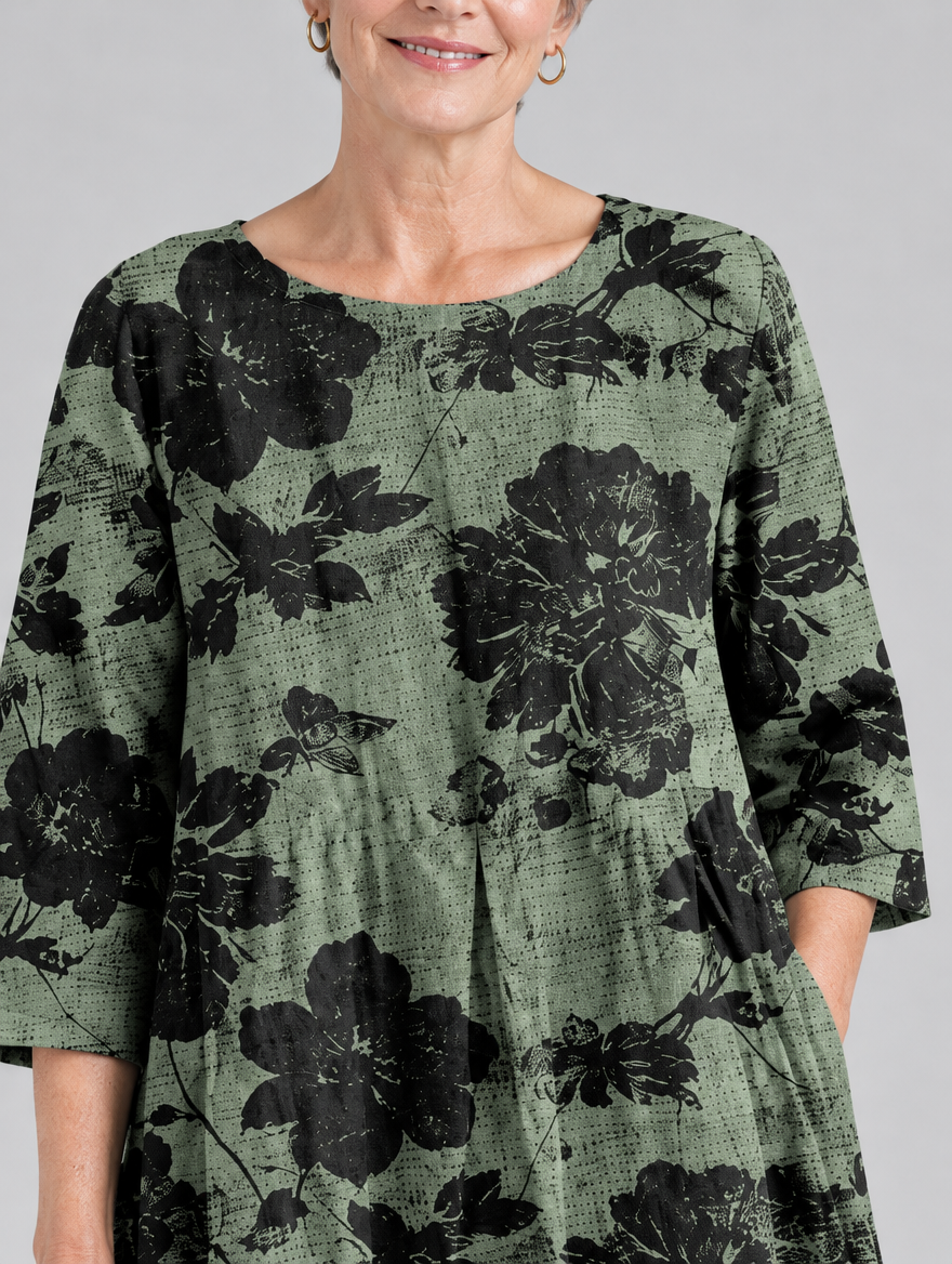 Scarlett printed maxi dress in sage green with black floral print, close up of print and neckline