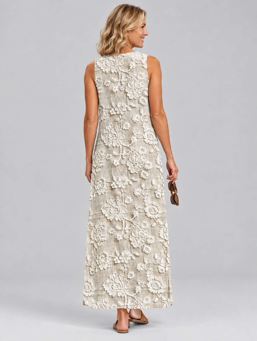 Luna sleeveless maxi dress in khaki with cream lace look floral print, back view