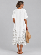 Harper white linen midi dress with eyelet embroidery, back view