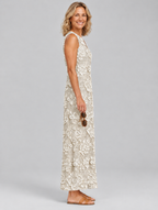 Luna sleeveless maxi dress in khaki with cream lace look floral print, side view