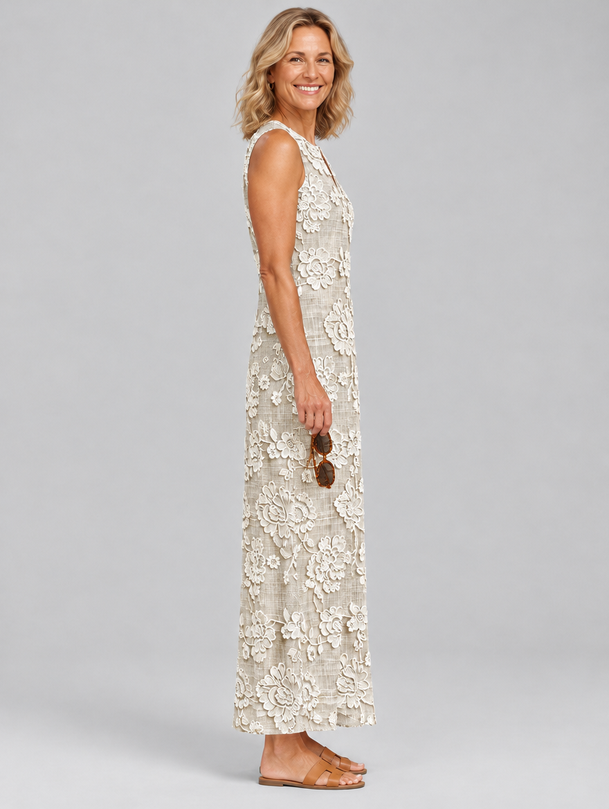 Luna sleeveless maxi dress in khaki with cream lace look floral print, side view