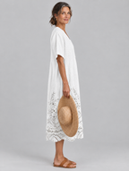 Harper white linen midi dress with eyelet embroidery, side view