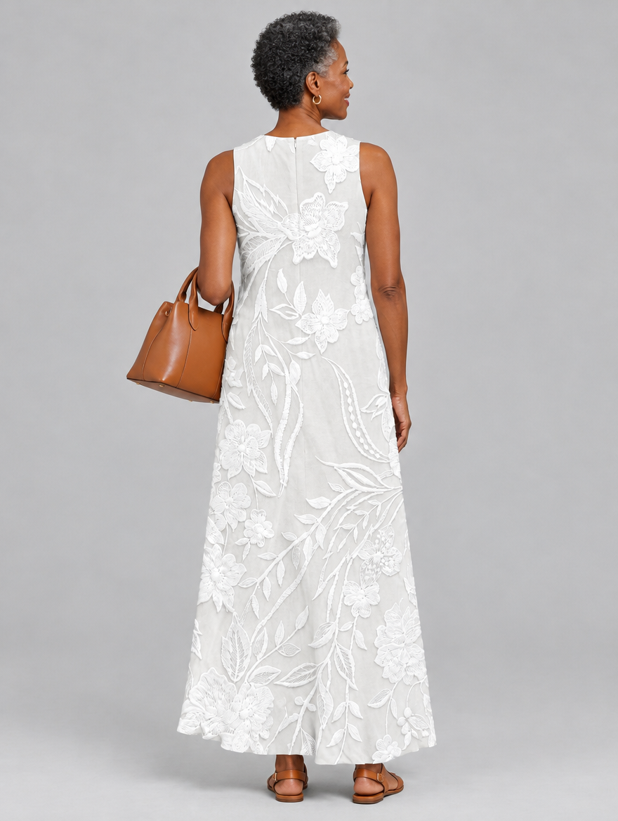 Camila sleeveless maxi dress in white with tonal floral print, back view