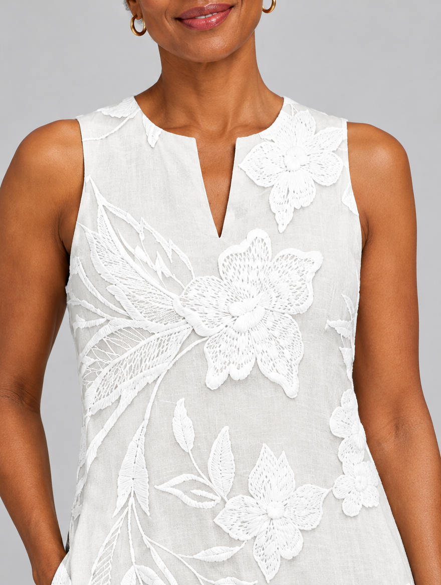 Camila sleeveless maxi dress in white with tonal floral print, close up of print and neckline
