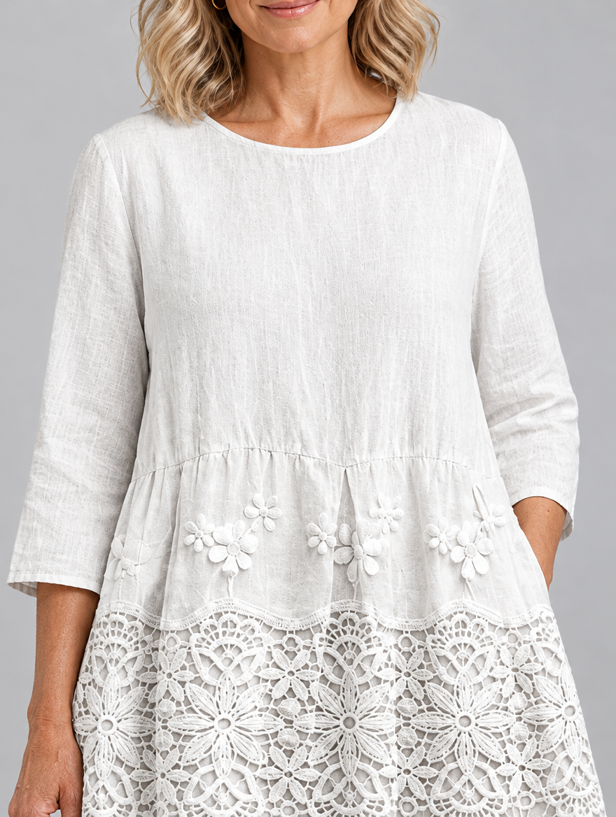 Ava white maxi dress with crochet lace panel, close up of embroidery and neckline