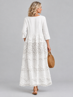 Ava white maxi dress with crochet lace panel, back view
