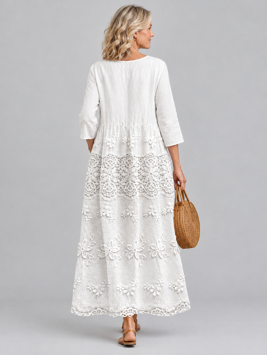 Ava white maxi dress with crochet lace panel, back view