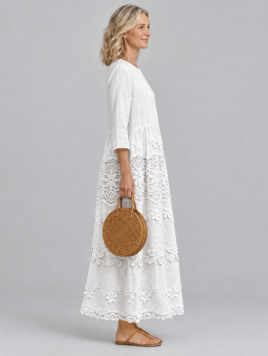Ava white maxi dress with crochet lace panel, side view