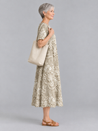 Olivia midi dress in khaki with cream lace look floral print, side view