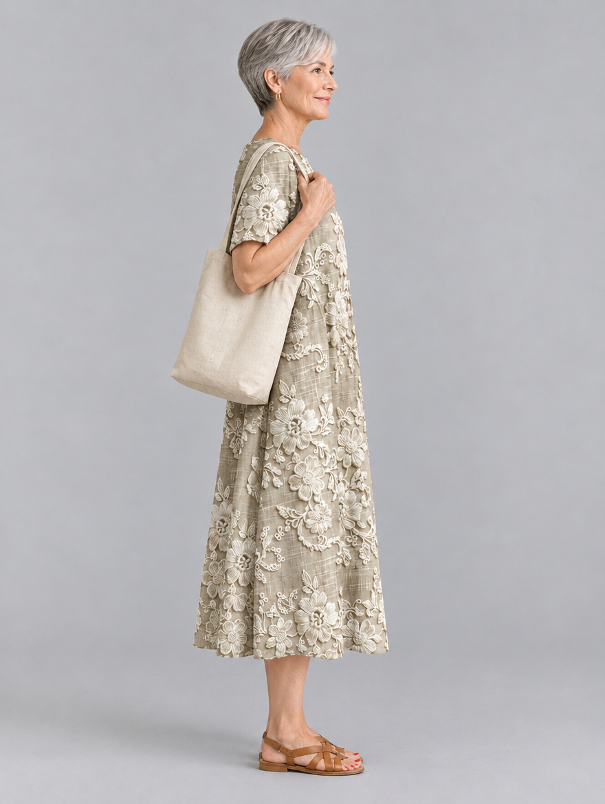 Olivia midi dress in khaki with cream lace look floral print, side view