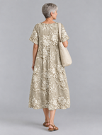 Olivia midi dress in khaki with cream lace look floral print, back view