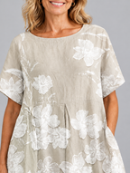 Aurora midi dress in khaki with soft white floral print, close up of print and neckline