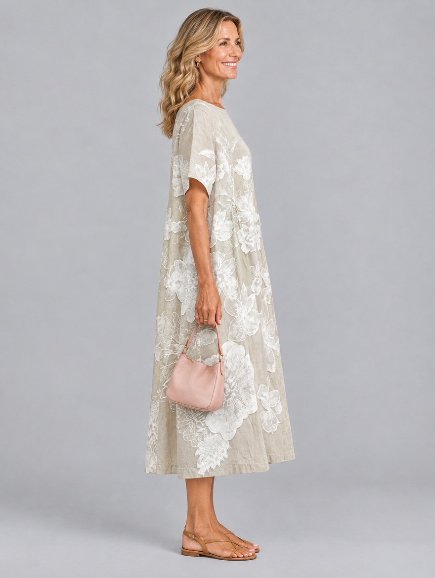 Aurora midi dress in khaki with soft white floral print, side view