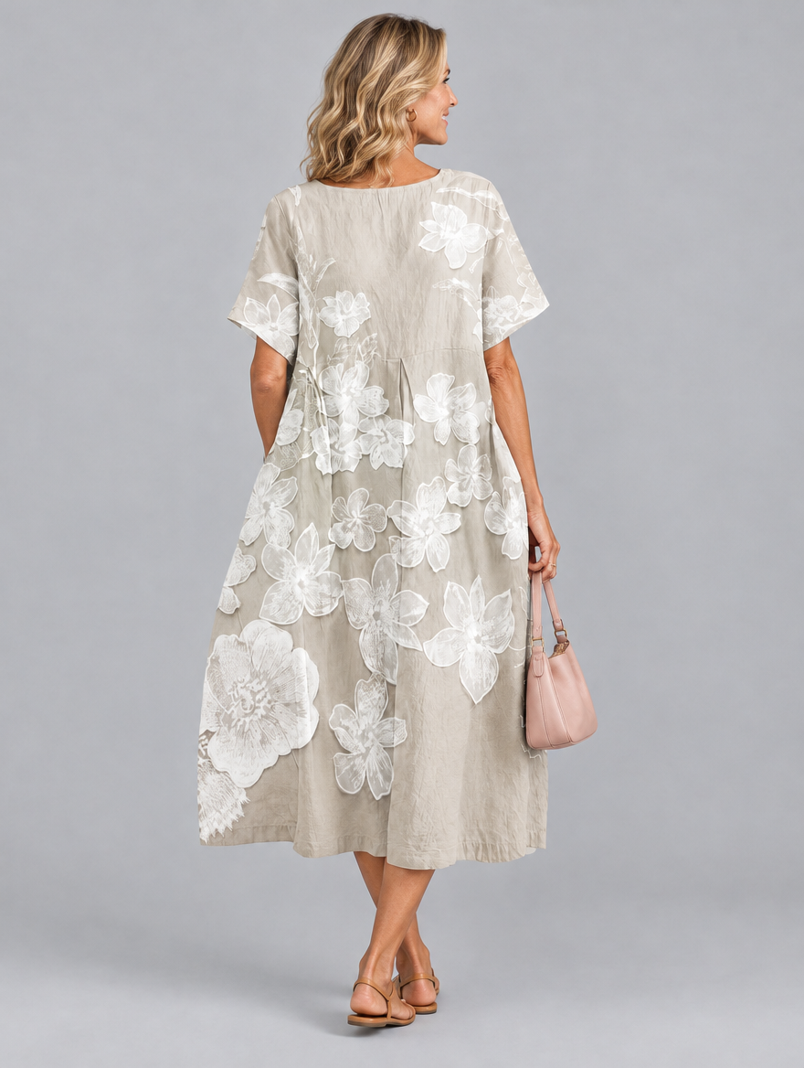 Aurora midi dress in khaki with soft white floral print, back view