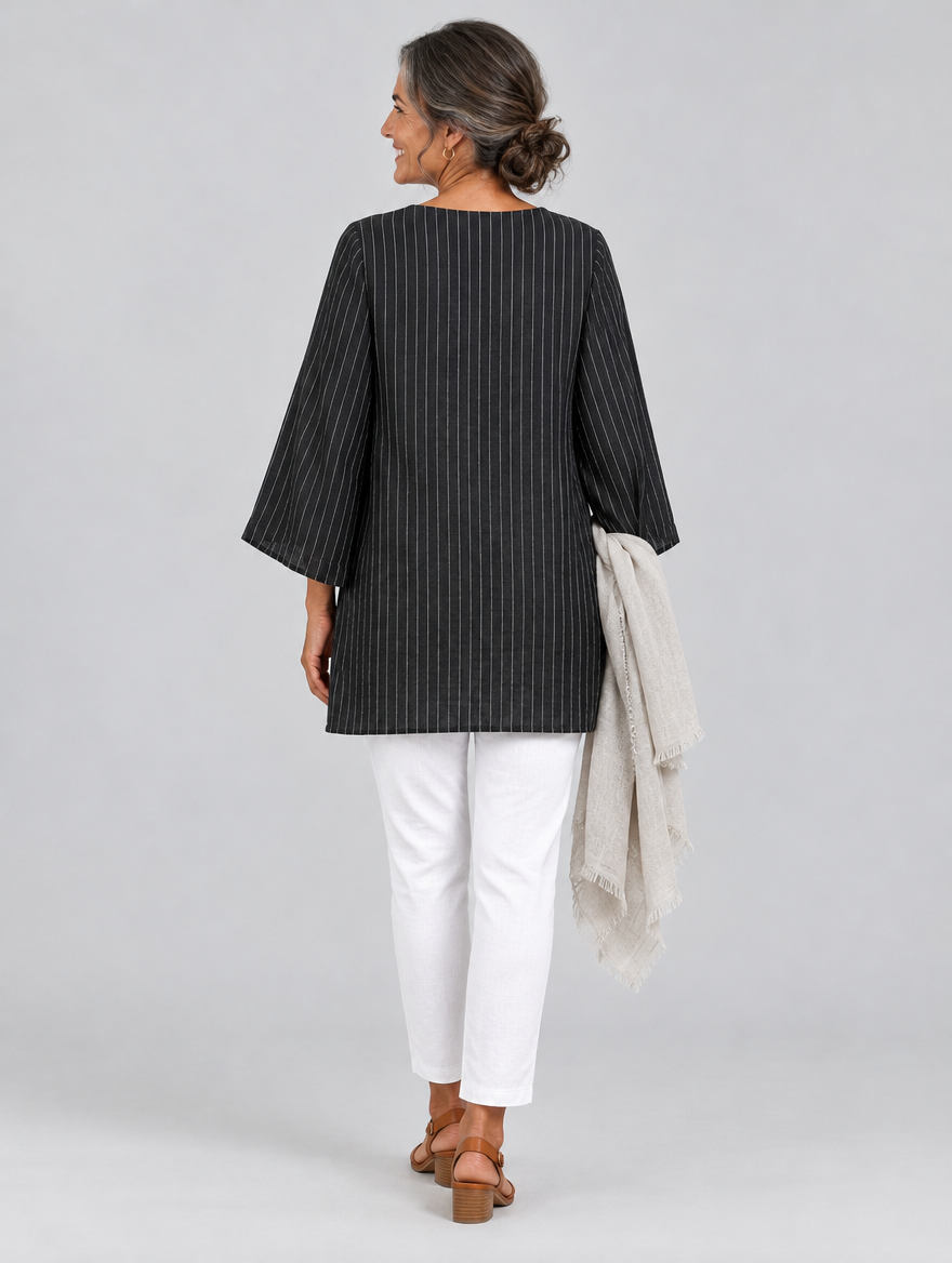 Ella pinstripe tunic top in black, back view