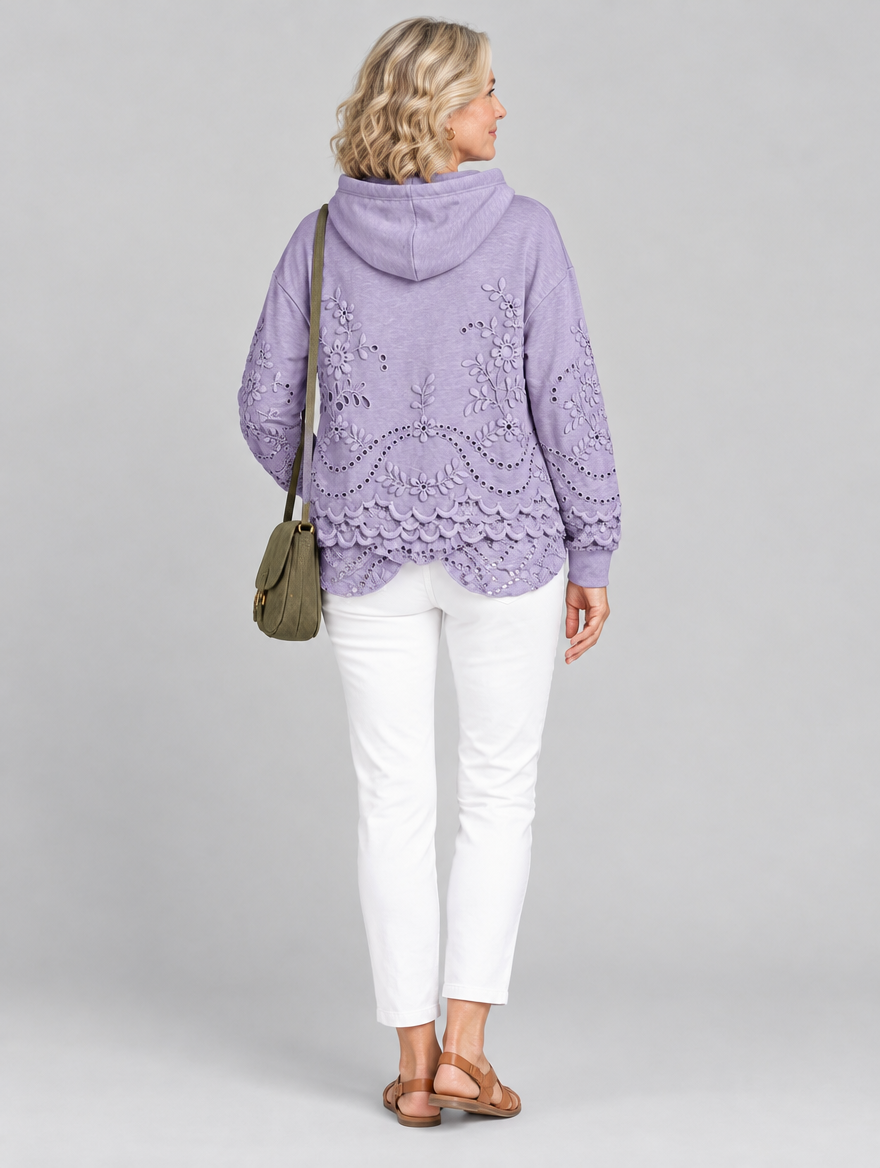 Emily eyelet embroidered hoodie in lavender, back view