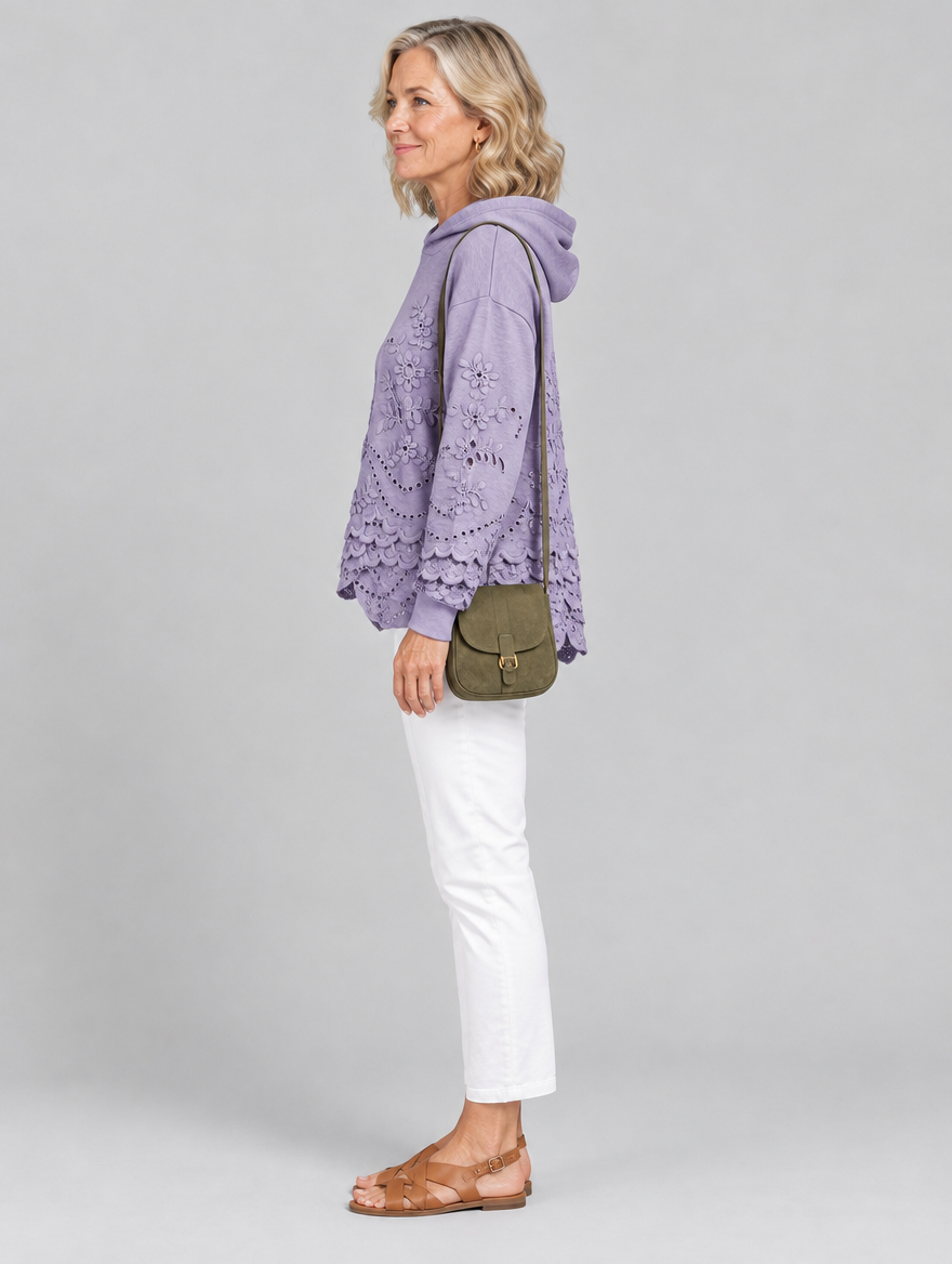 Emily eyelet embroidered hoodie in lavender, side view