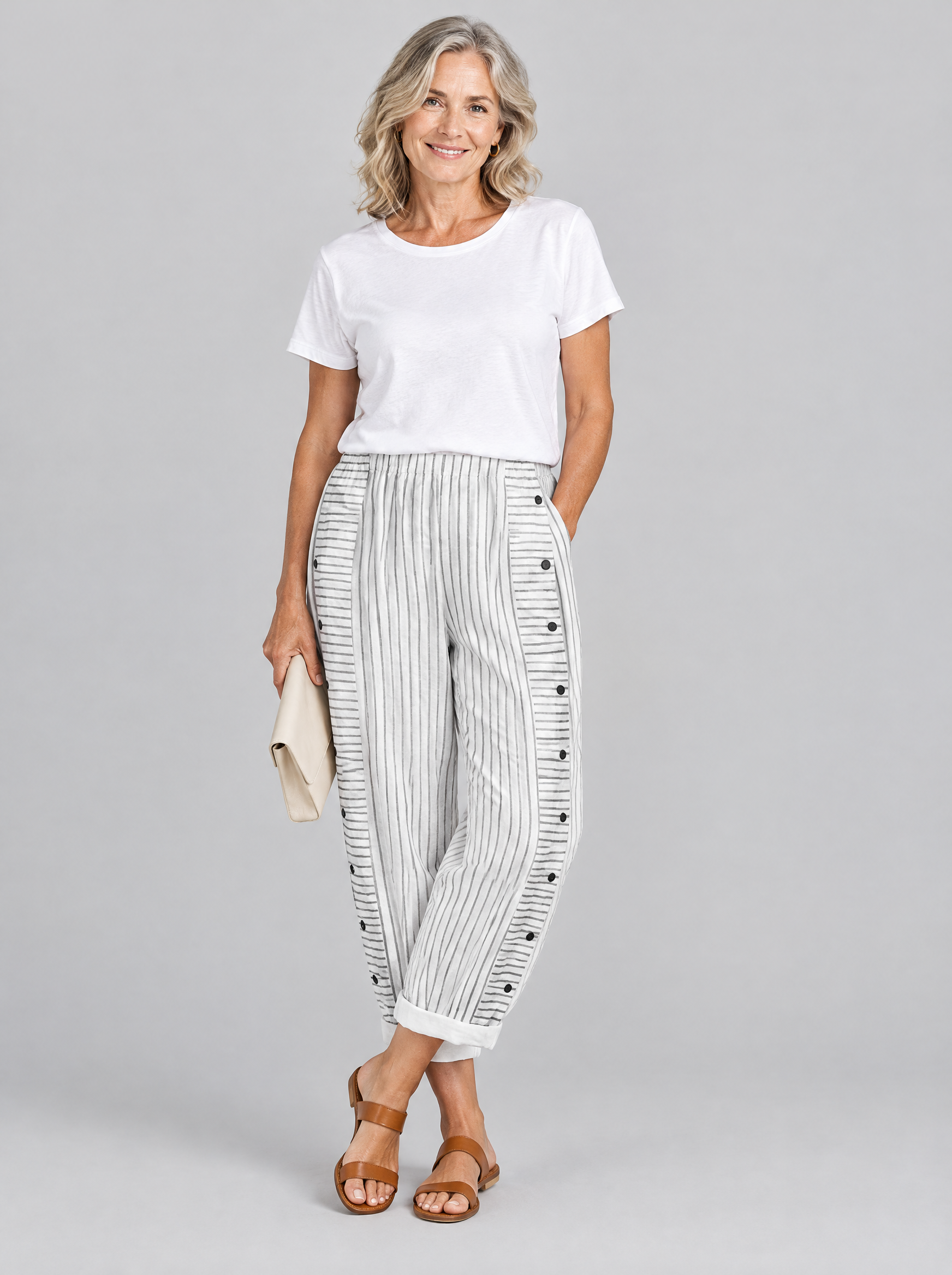 Inaya button trousers in white with grey seabreeze stripes, front view