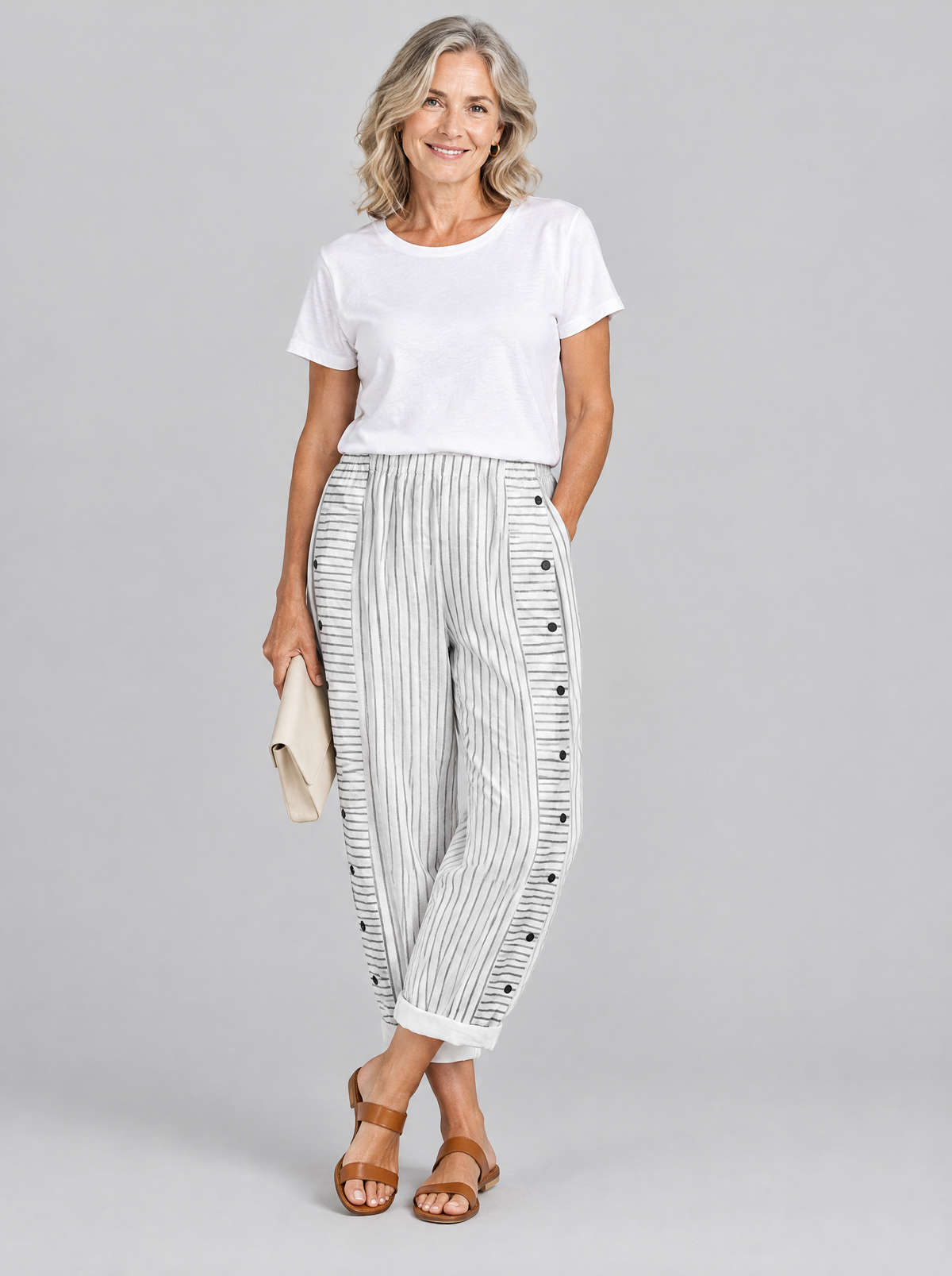 Inaya button trousers in white with grey seabreeze stripes, front view