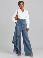 Reya high waisted wide leg jeans in mid blue denim with button wrap front, front view