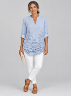 Nora top in blue with eyelet embroidery, front view