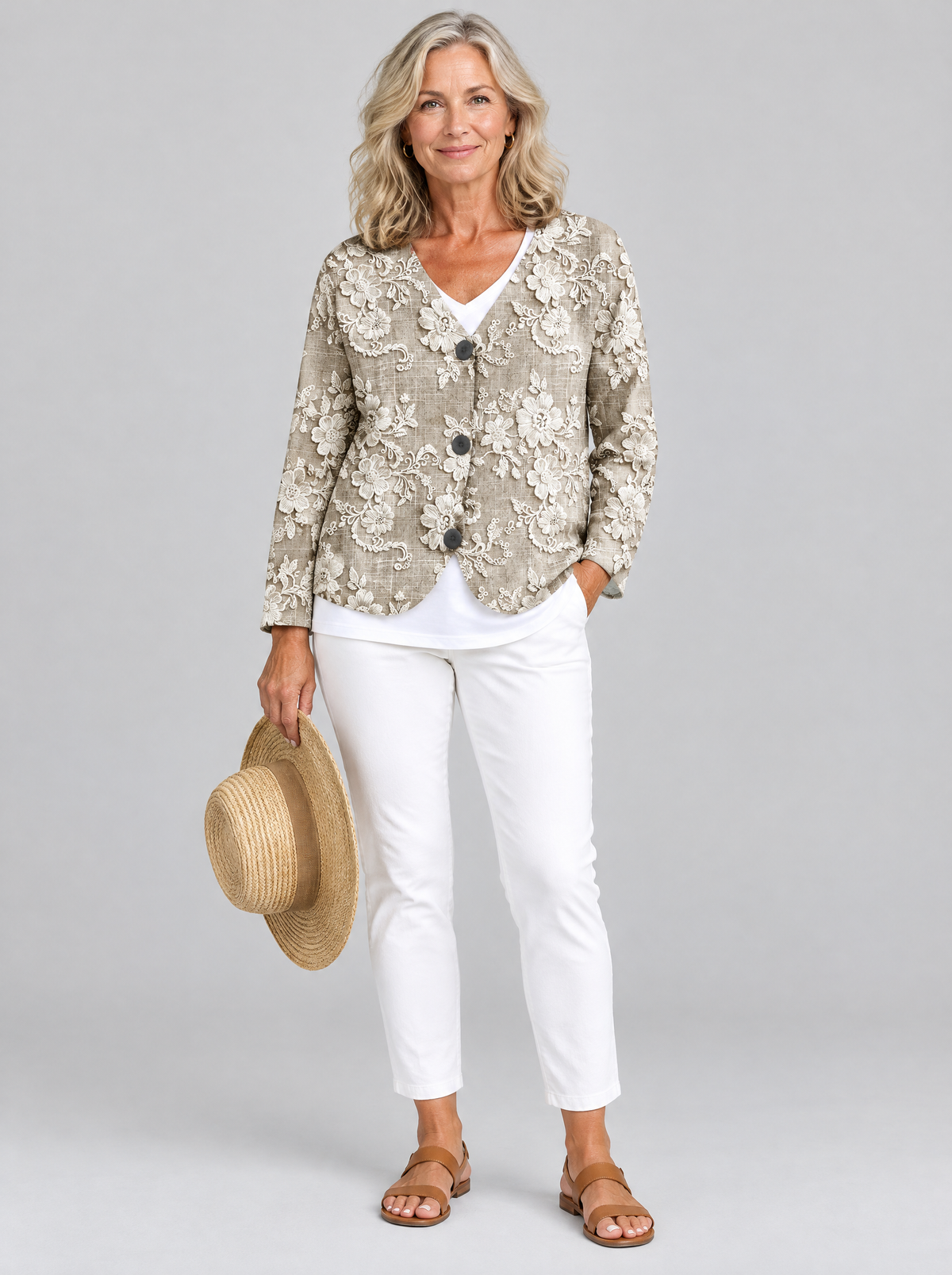 Eliana cardigan in khaki lace look floral print, front view