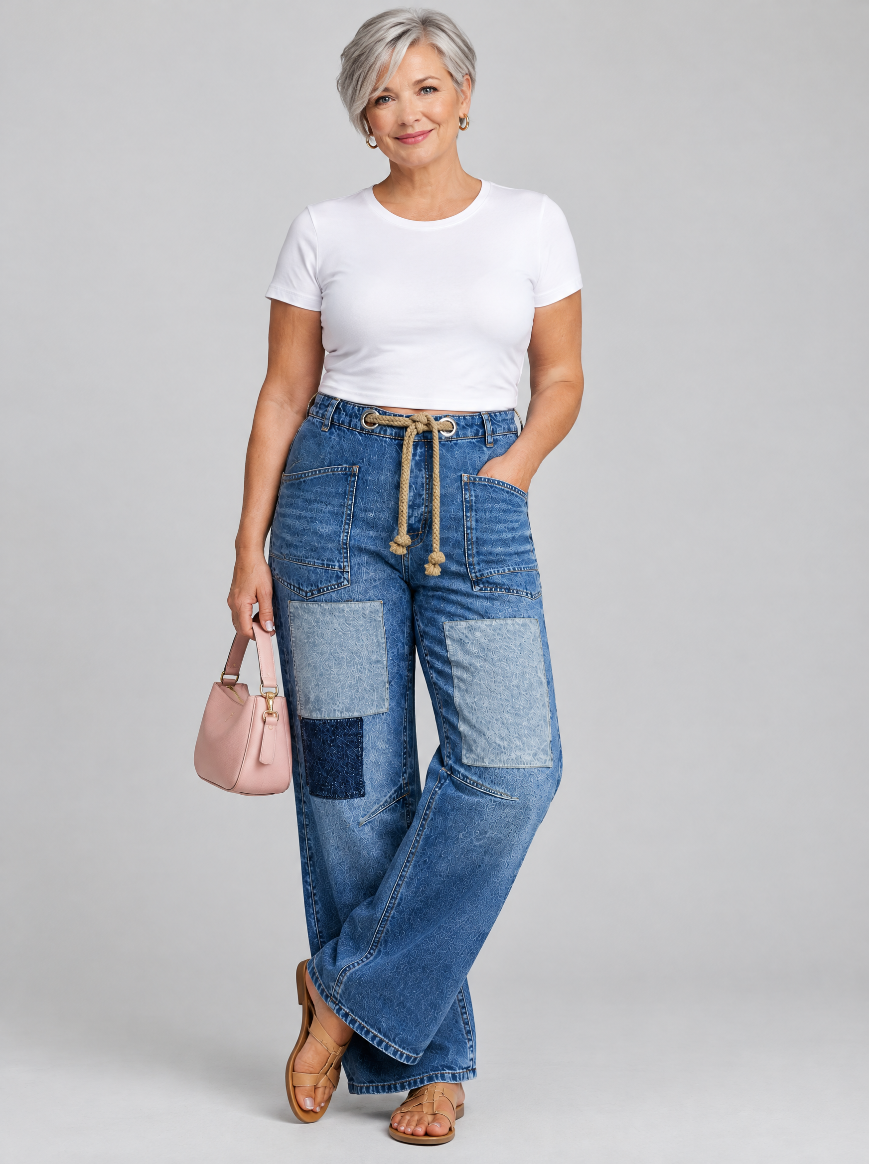 Yaretzi patchwork drawstring jeans in mid blue denim, front view