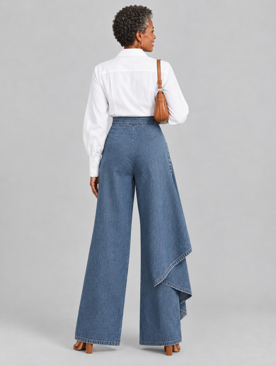Reya high waisted wide leg jeans in mid blue denim, back view