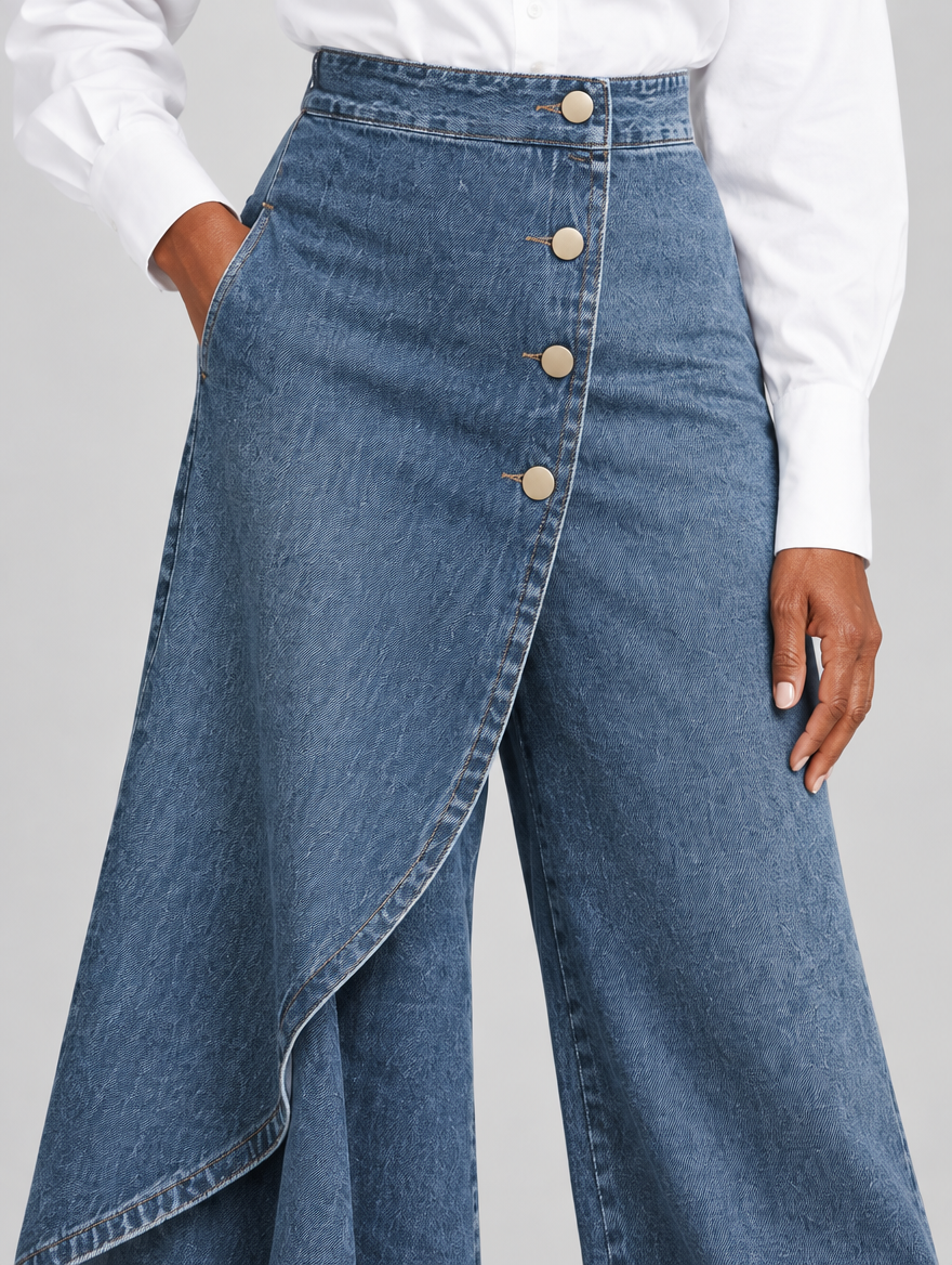 Reya high waisted wide leg jeans in mid blue denim, close up of waistband, buttons and fabric