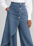 Reya high waisted wide leg jeans in mid blue denim, close up of waistband, buttons and fabric