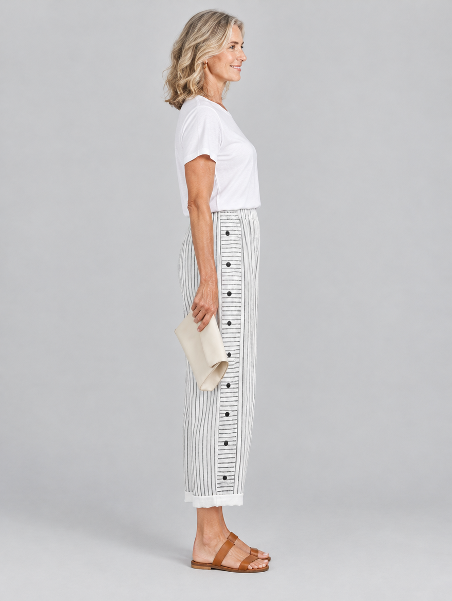 Inaya button trousers in white stripe, side view