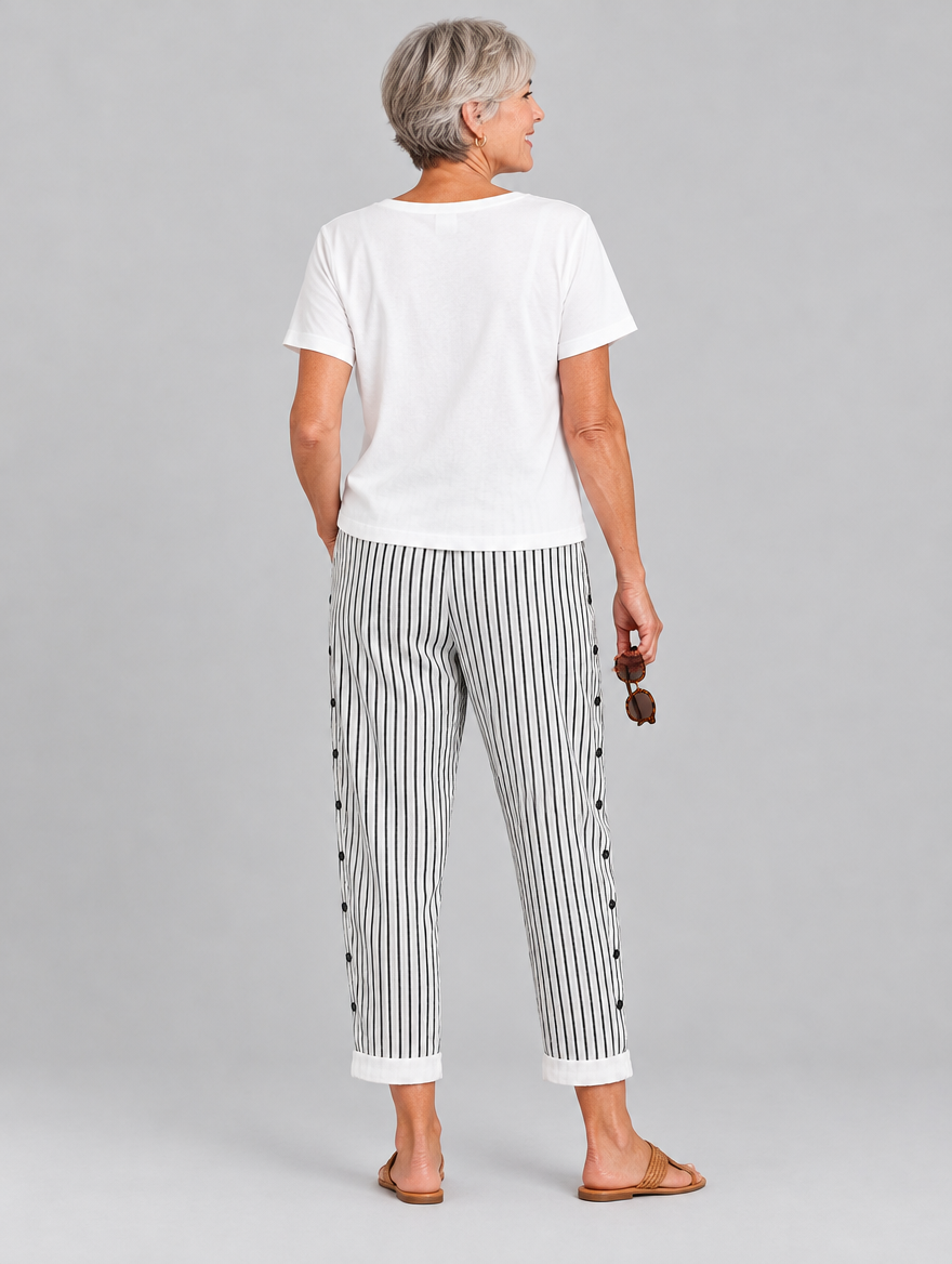 Megan button trousers in black pinstripe, back view