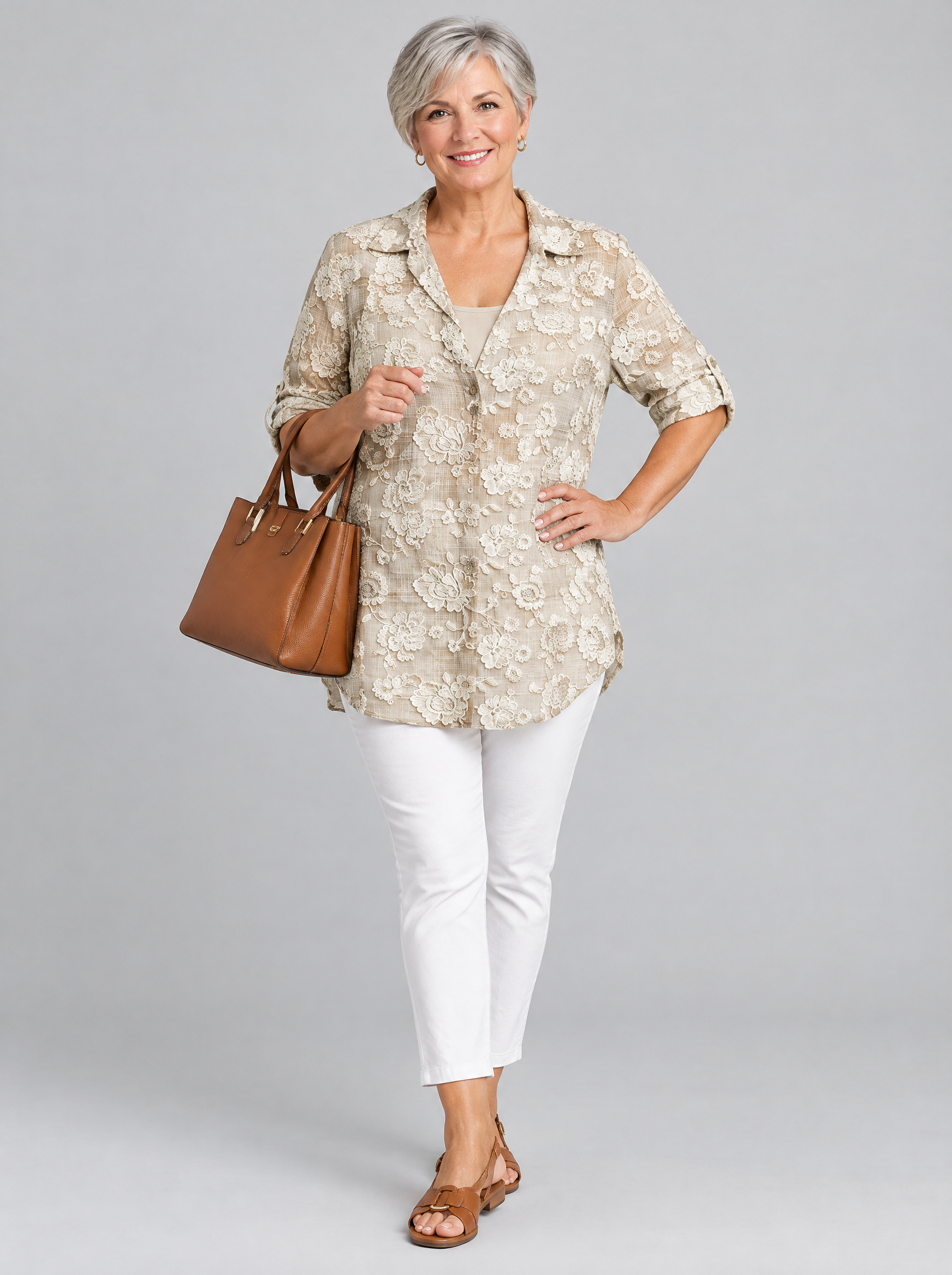 Elizabeth shirt in khaki lace look floral print, front view