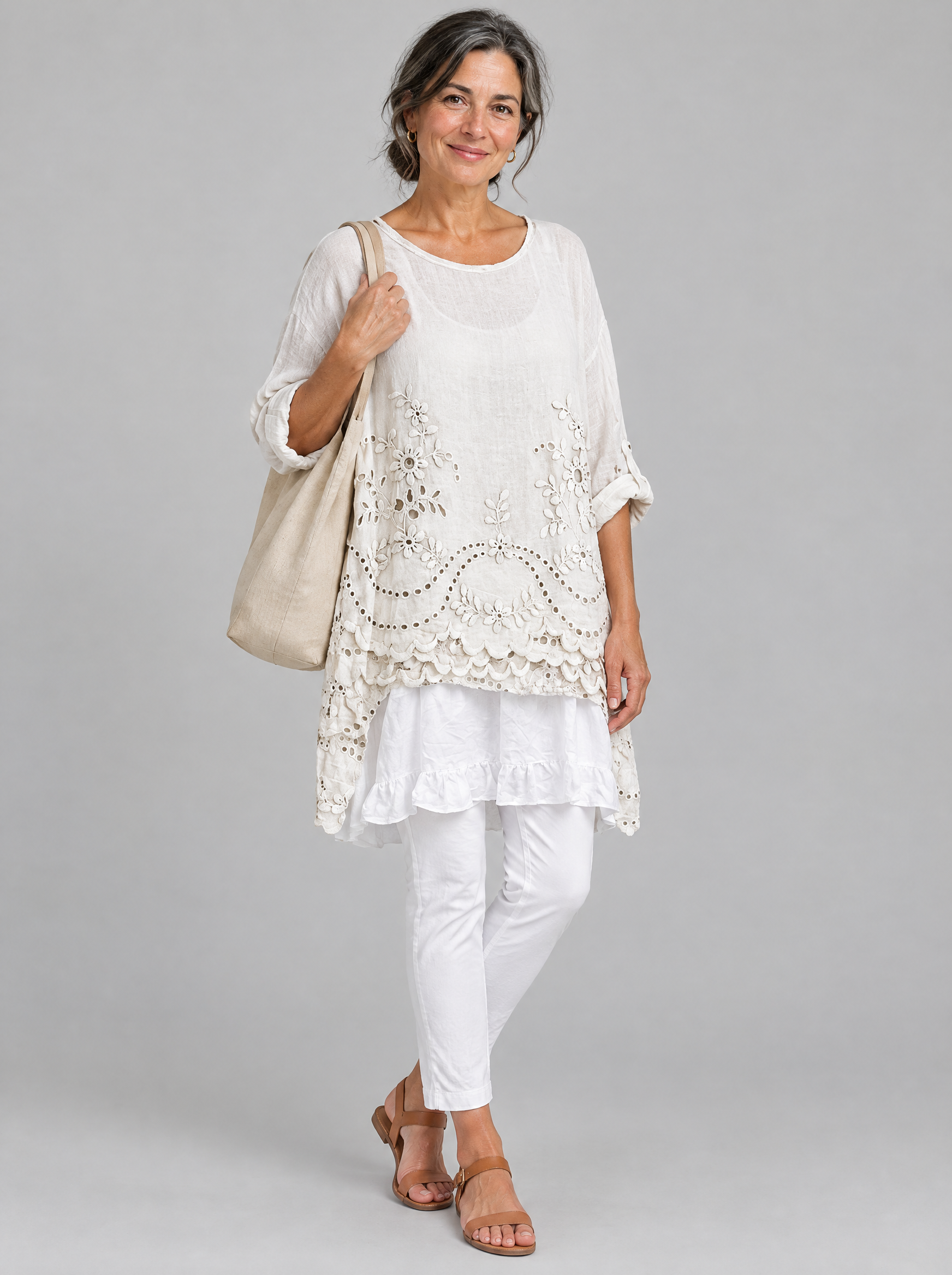 Evelyn blouse in beige with eyelet embroidery, front view