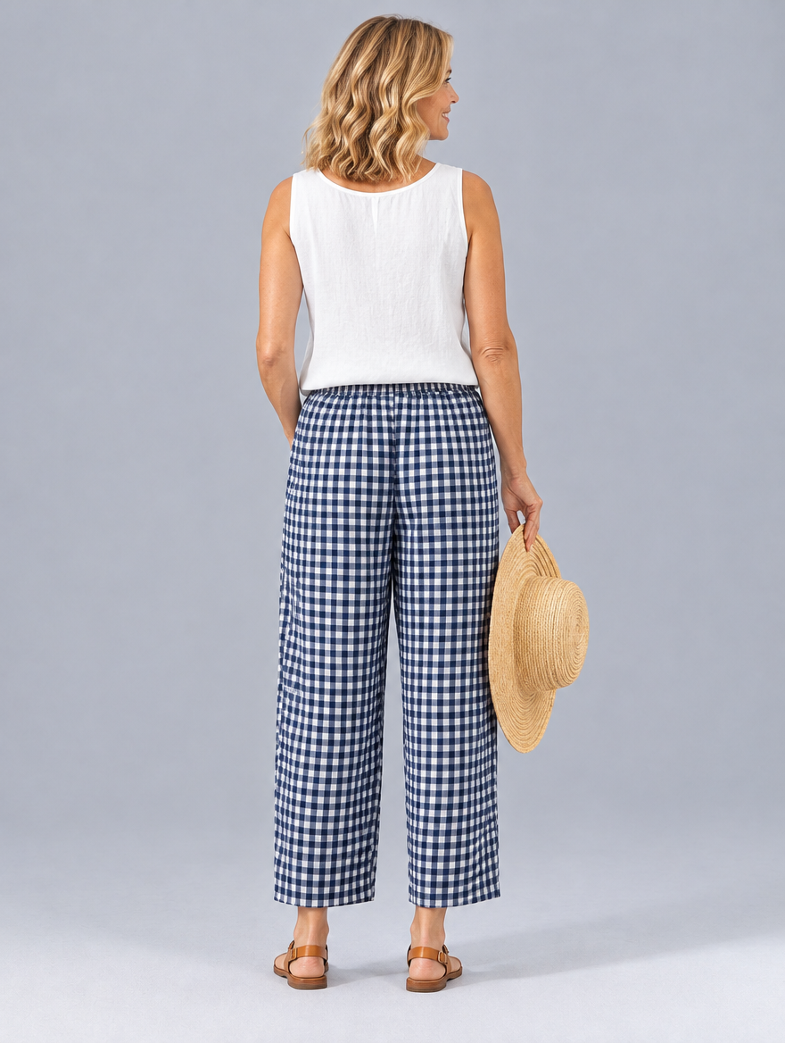 Chelsea gingham trousers in navy check, back view