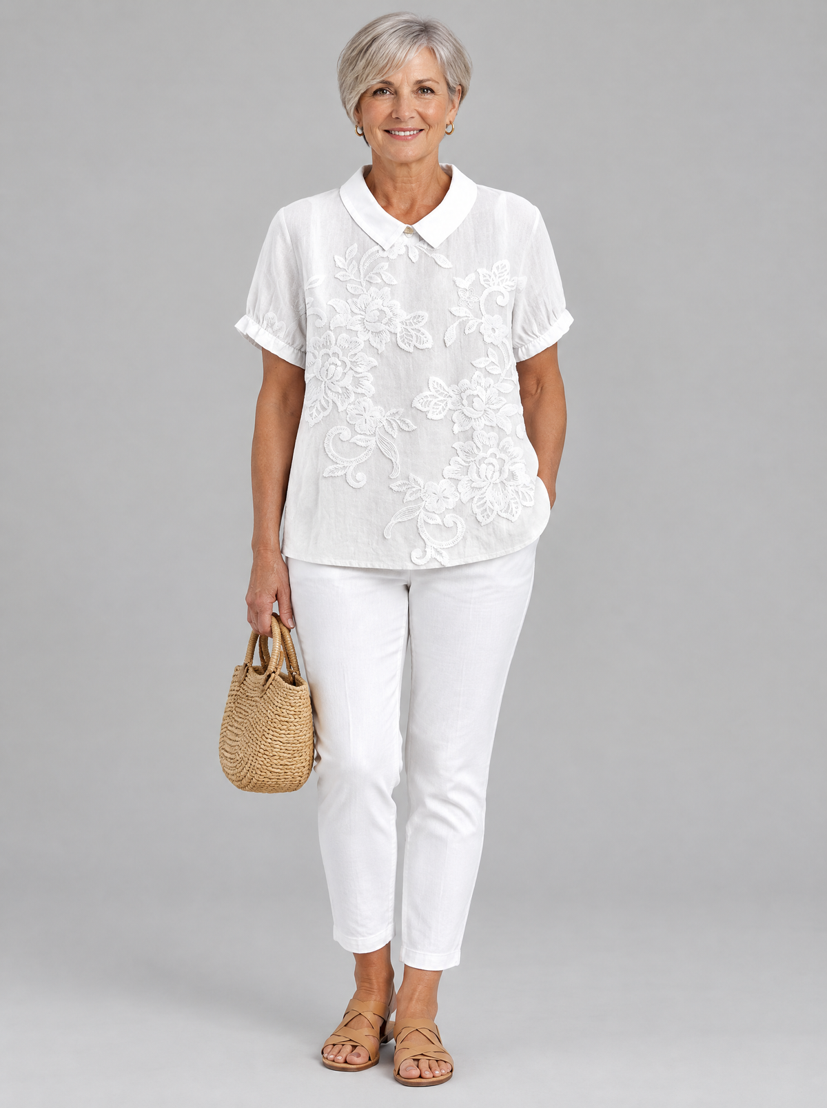 Amelia shirt in white with floral embroidery, front view