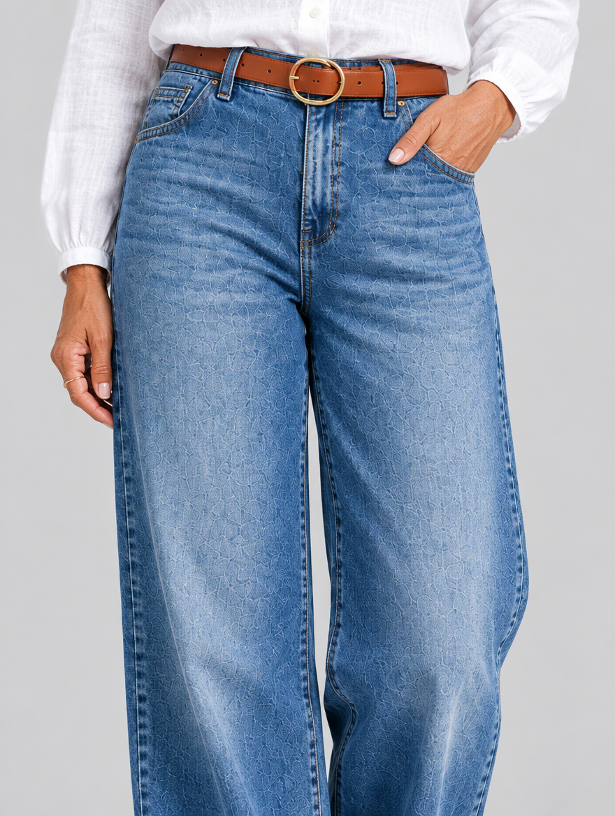 Amani vintage high waisted jeans in mid blue, close up of waistband, pockets and denim