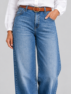 Amani vintage high waisted jeans in mid blue, close up of waistband, pockets and denim