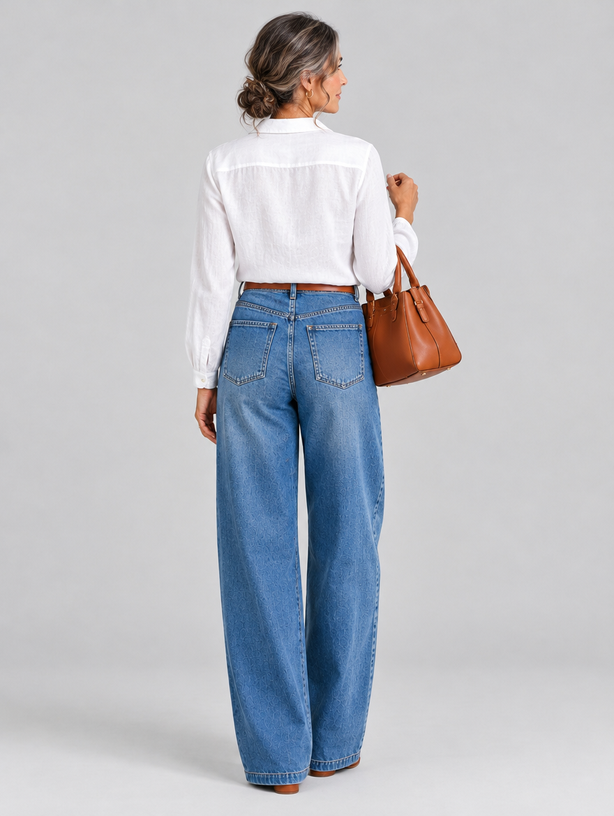 Amani vintage high waisted jeans in mid blue, back view