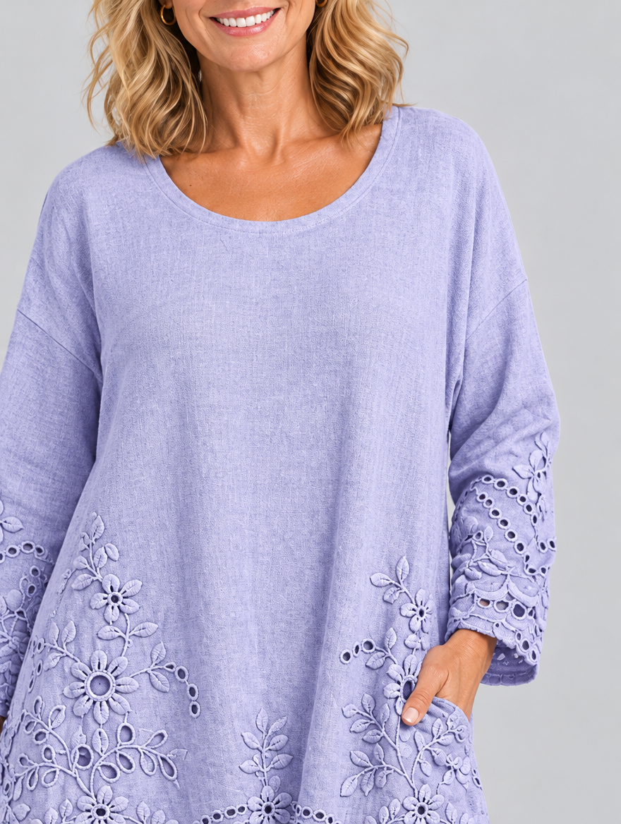 Lily sweater, close up of embroidery and neckline