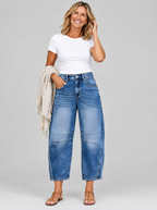Sasha casual jeans in mid blue wash with curved barrel leg, front view