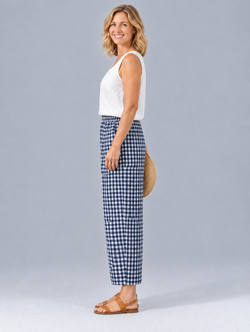 Chelsea gingham trousers in navy check, side view