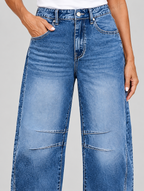 Sasha casual jeans in mid blue, close up of waistband, pockets and knee seams