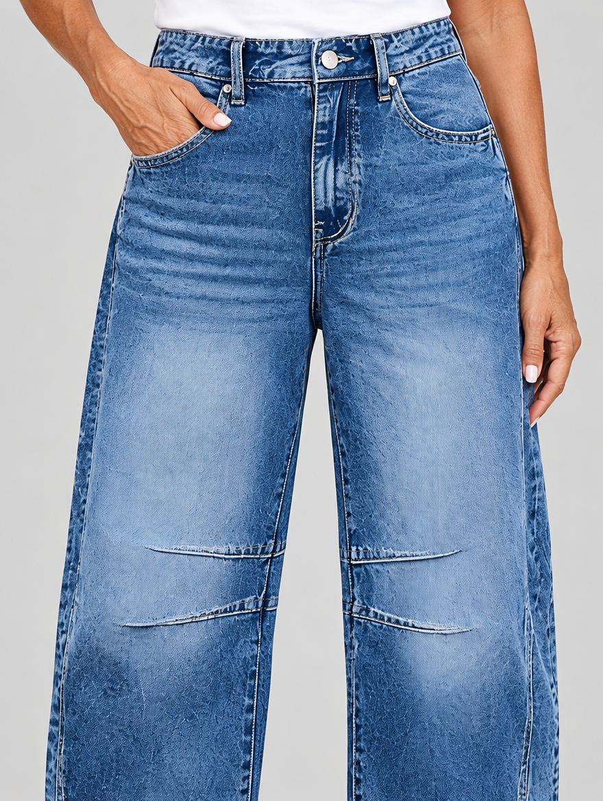 Sasha casual jeans in mid blue, close up of waistband, pockets and knee seams