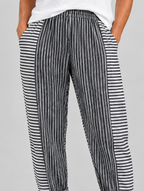 Dahlia relaxed fit trousers in black stripe, close up of waistband, side panels and fabric